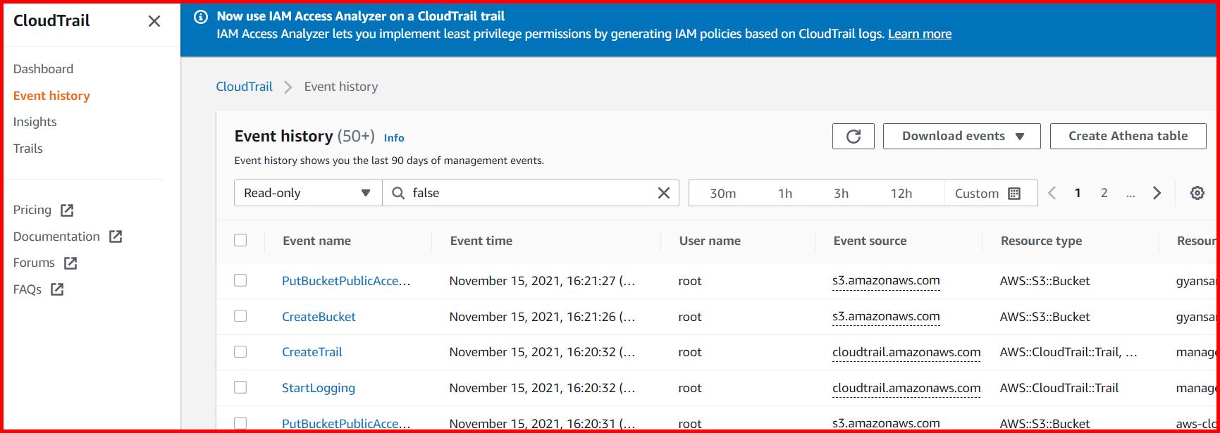 Picture showing the list of events captured by cloud trail in the event history